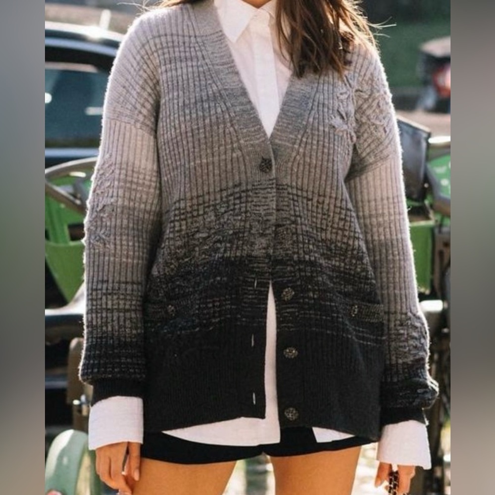 Chanel Fall 2022 Cashmere Ombré Grey Cardigan with Crystal Buttons
